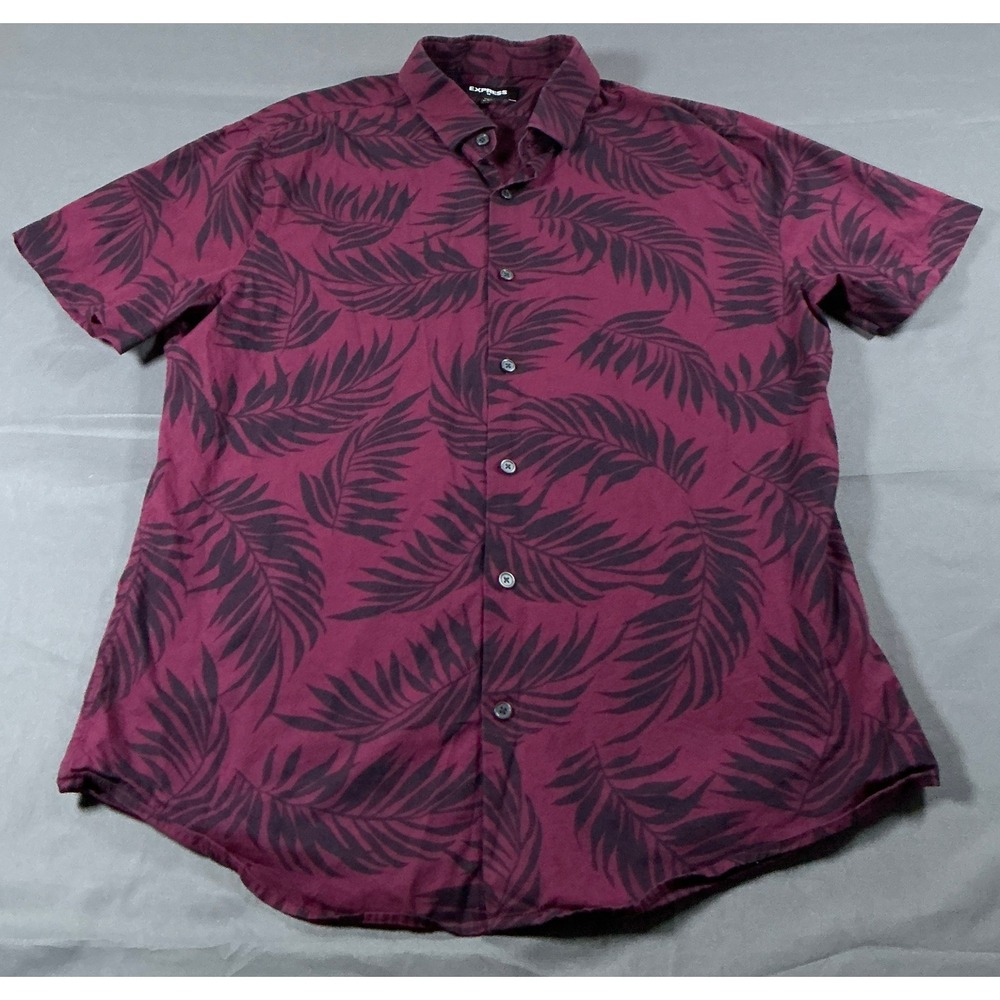 Express Mens Burgundy Maroon Tropical Palm Leaf Short Sleeve Button Up Shirt L